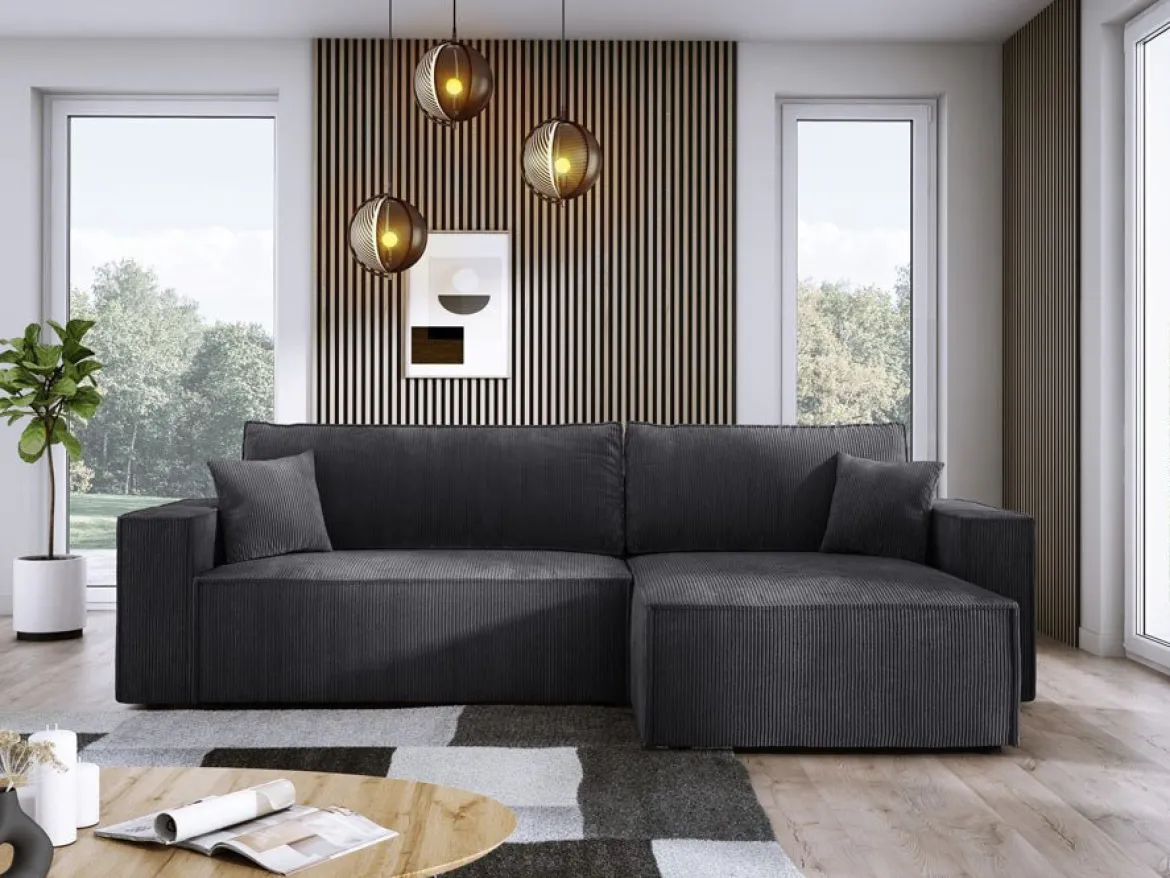 Designer Ecksofa Velanova mit Schlaffunktion und Stauraum aus Cord