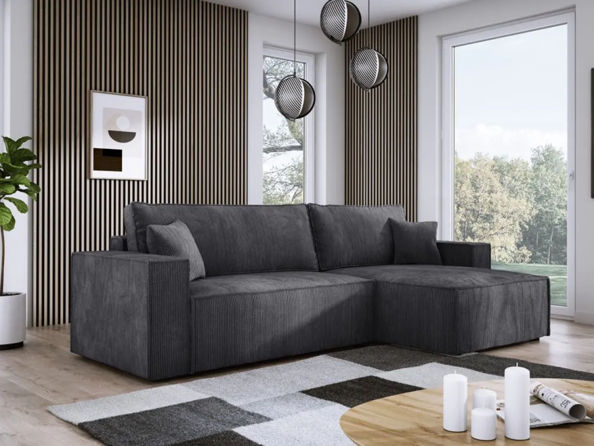 Designer Ecksofa Velanova mit Schlaffunktion und Stauraum aus Cord