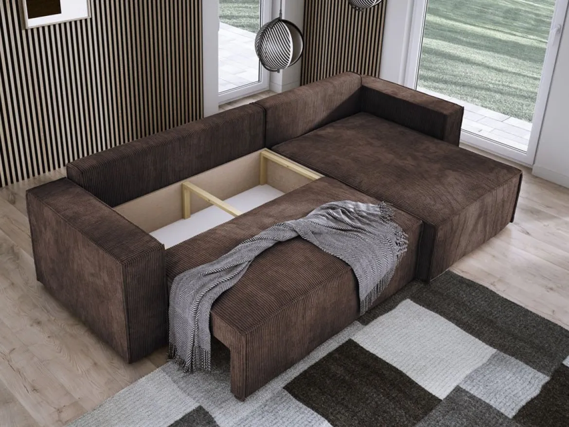 Designer Ecksofa Velanova mit Schlaffunktion und Stauraum aus Cord