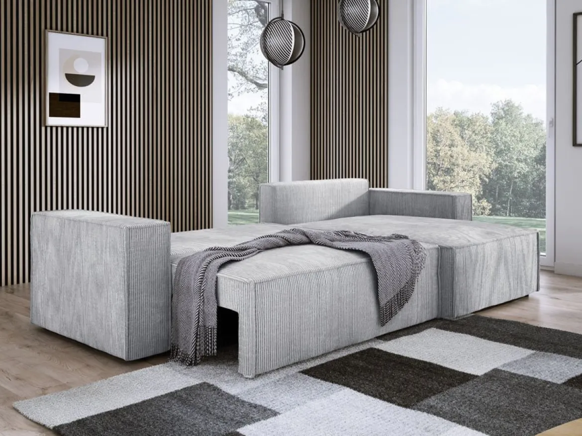 Designer Ecksofa Velanova mit Schlaffunktion und Stauraum aus Cord