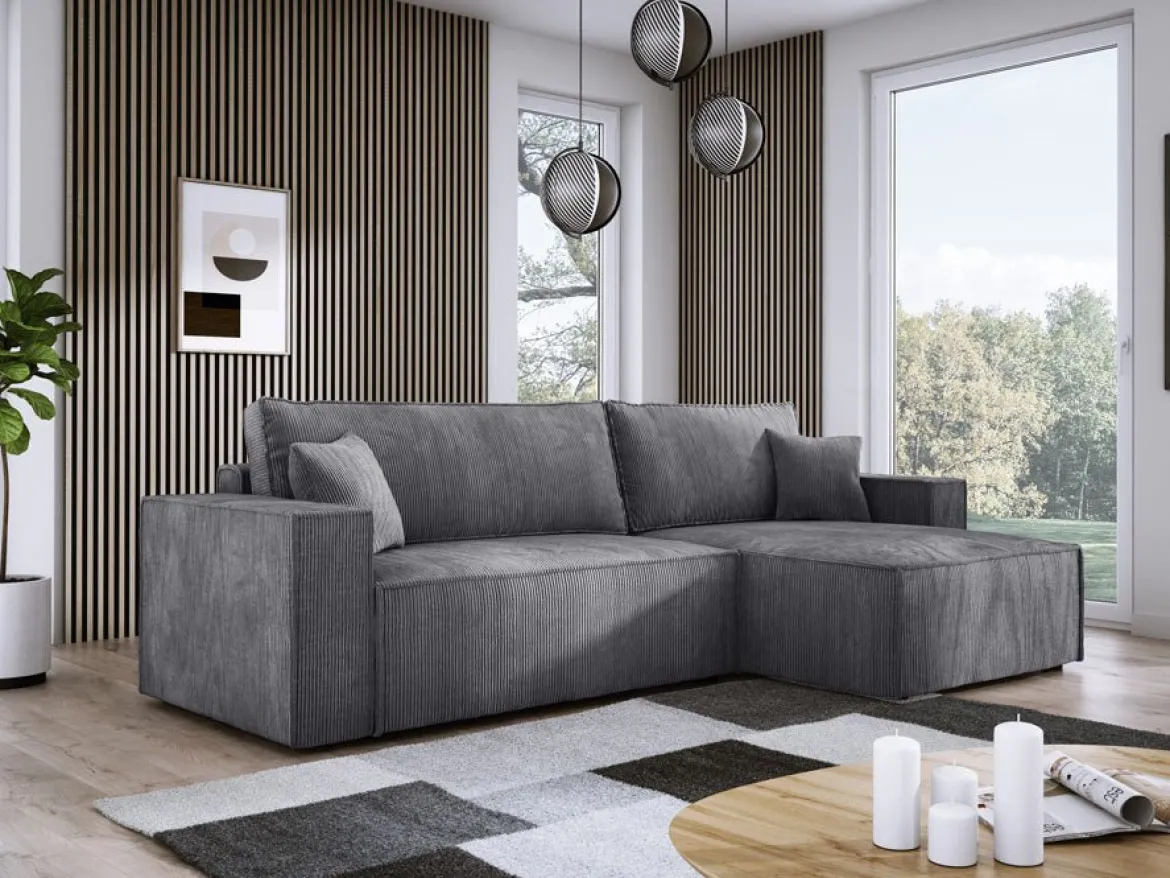 Designer Ecksofa Velanova mit Schlaffunktion und Stauraum aus Cord
