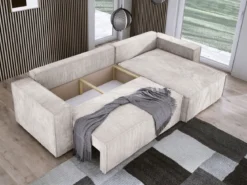 Designer Ecksofa Velanova mit Schlaffunktion und Stauraum aus Cord
