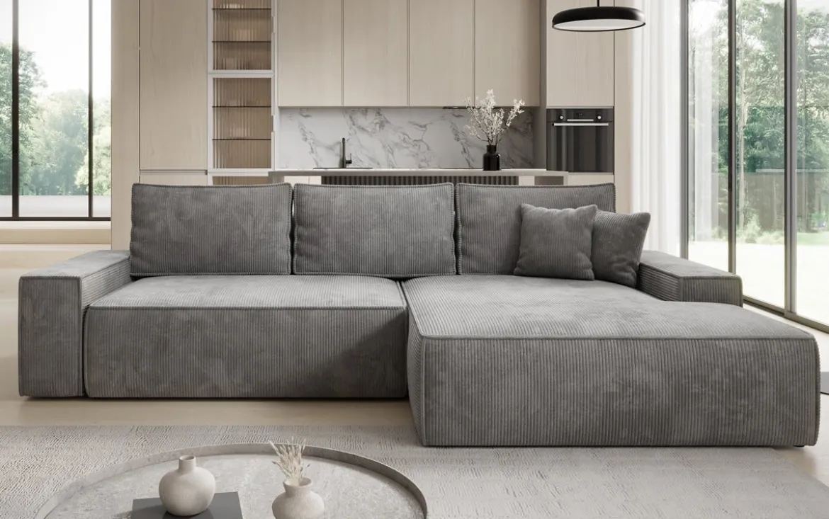 Designer Ecksofa Verona mit breiter Ottomane mit Schlaf- und Klappfunktion in Cord