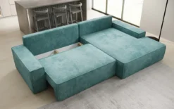 Designer Ecksofa Verona mit breiter Ottomane mit Schlaf- und Klappfunktion in Cord