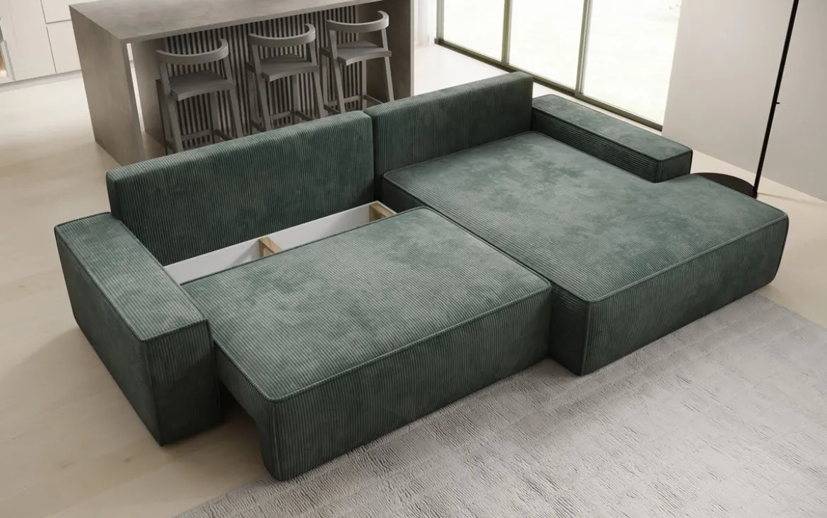 Designer Ecksofa Verona mit breiter Ottomane mit Schlaf- und Klappfunktion in Cord