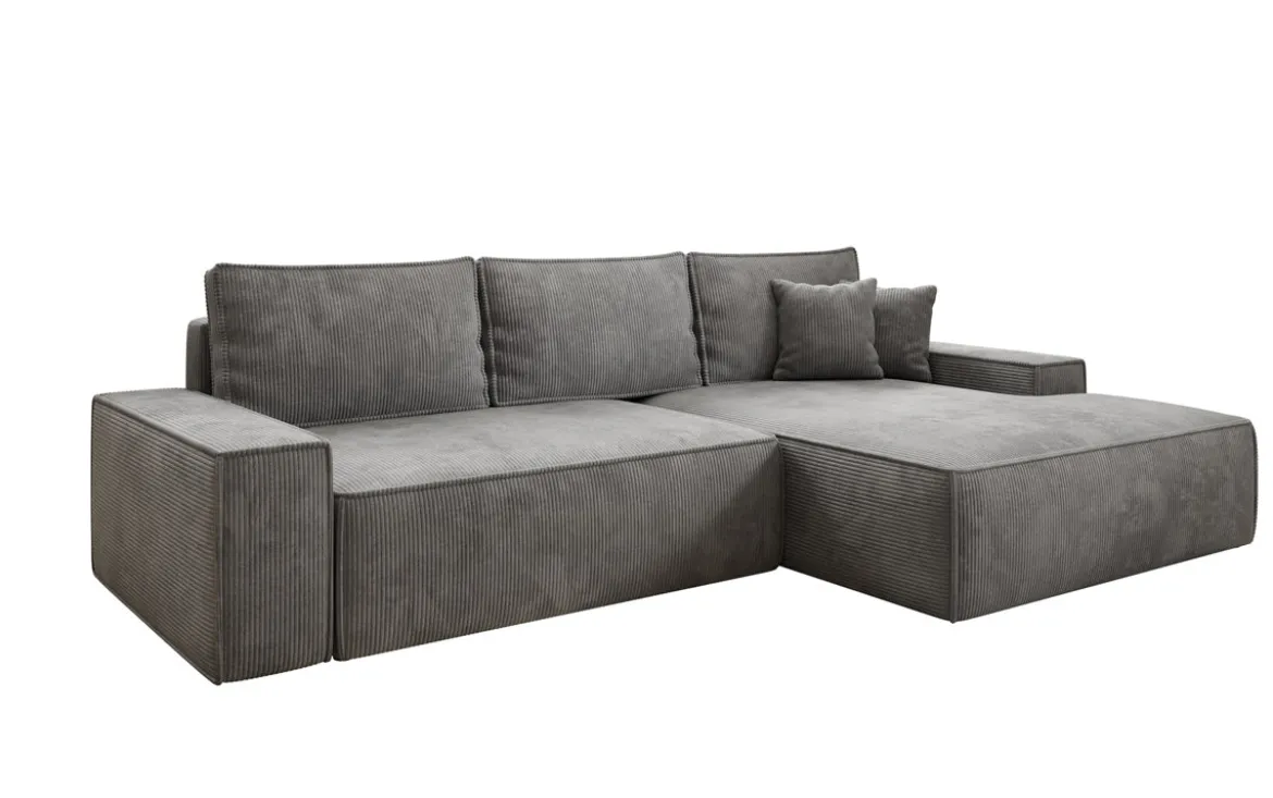 Designer Ecksofa Verona mit breiter Ottomane mit Schlaf- und Klappfunktion in Cord