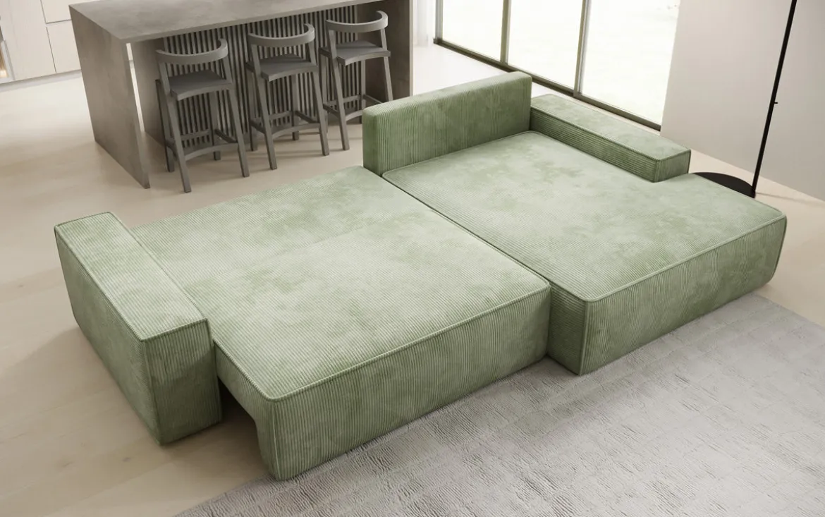 Designer Ecksofa Verona mit breiter Ottomane mit Schlaf- und Klappfunktion in Cord