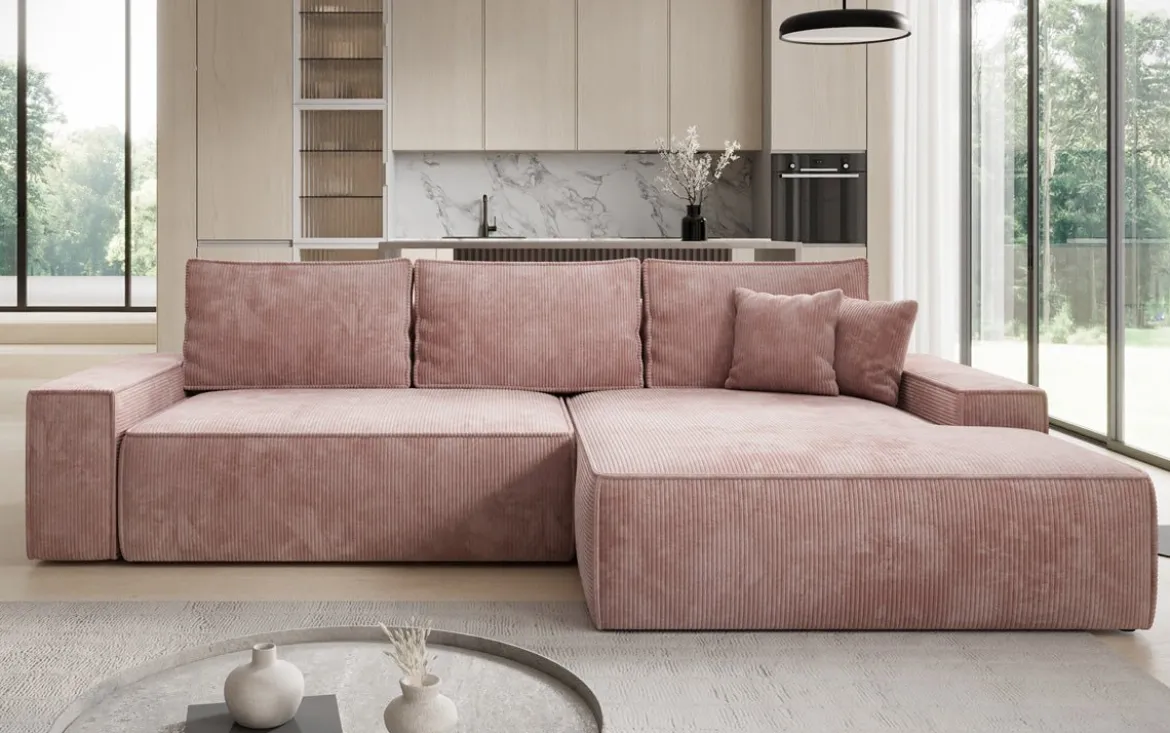 Designer Ecksofa Verona mit breiter Ottomane mit Schlaf- und Klappfunktion in Cord