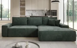 Designer Ecksofa Verona mit breiter Ottomane mit Schlaf- und Klappfunktion in Cord