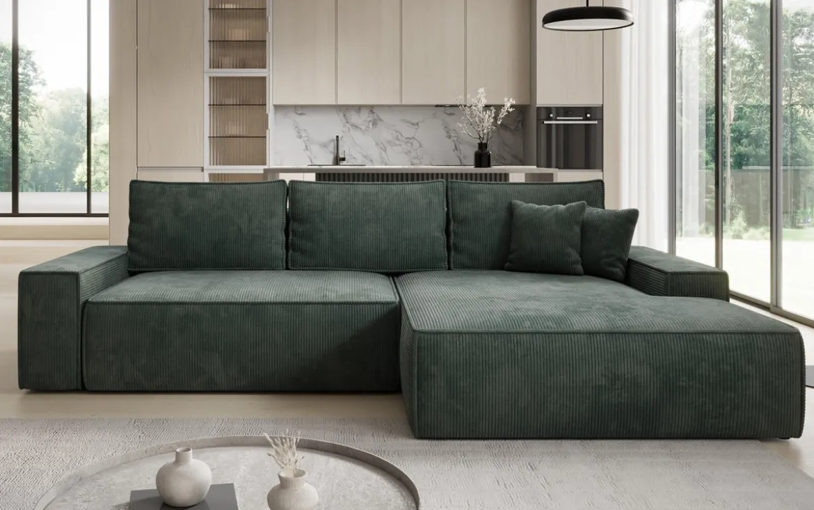 Designer Ecksofa Verona mit breiter Ottomane mit Schlaf- und Klappfunktion in Cord