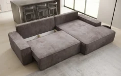 Designer Ecksofa Verona mit breiter Ottomane mit Schlaf- und Klappfunktion in Cord