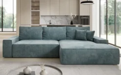 Designer Ecksofa Verona mit breiter Ottomane mit Schlaf- und Klappfunktion in Cord