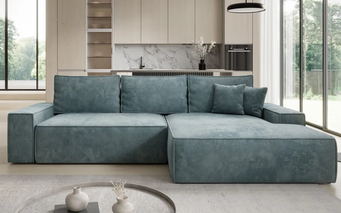 Designer Ecksofa Verona mit breiter Ottomane mit Schlaf- und Klappfunktion in Cord