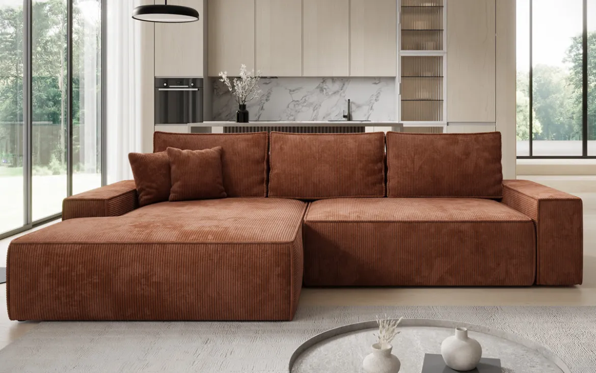 Designer Ecksofa Verona mit breiter Ottomane mit Schlaf- und Klappfunktion in Cord