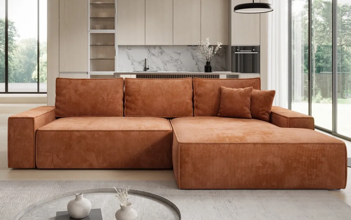 Designer Ecksofa Verona mit breiter Ottomane mit Schlaf- und Klappfunktion in Cord