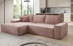 Designer Ecksofa Verona mit breiter Ottomane mit Schlaf- und Klappfunktion in Cord