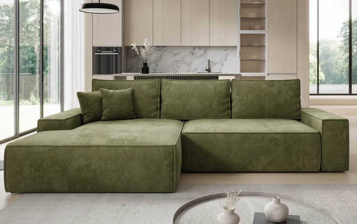 Designer Ecksofa Verona mit breiter Ottomane mit Schlaf- und Klappfunktion in Cord
