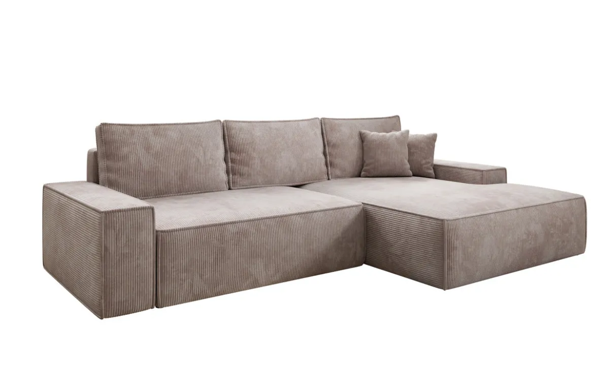Designer Ecksofa Verona mit breiter Ottomane mit Schlaf- und Klappfunktion in Cord