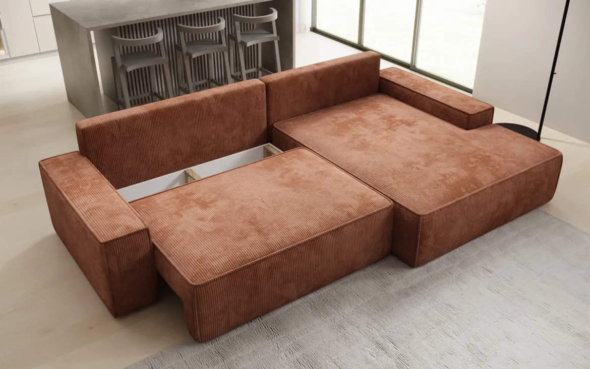 Designer Ecksofa Verona mit breiter Ottomane mit Schlaf- und Klappfunktion in Cord