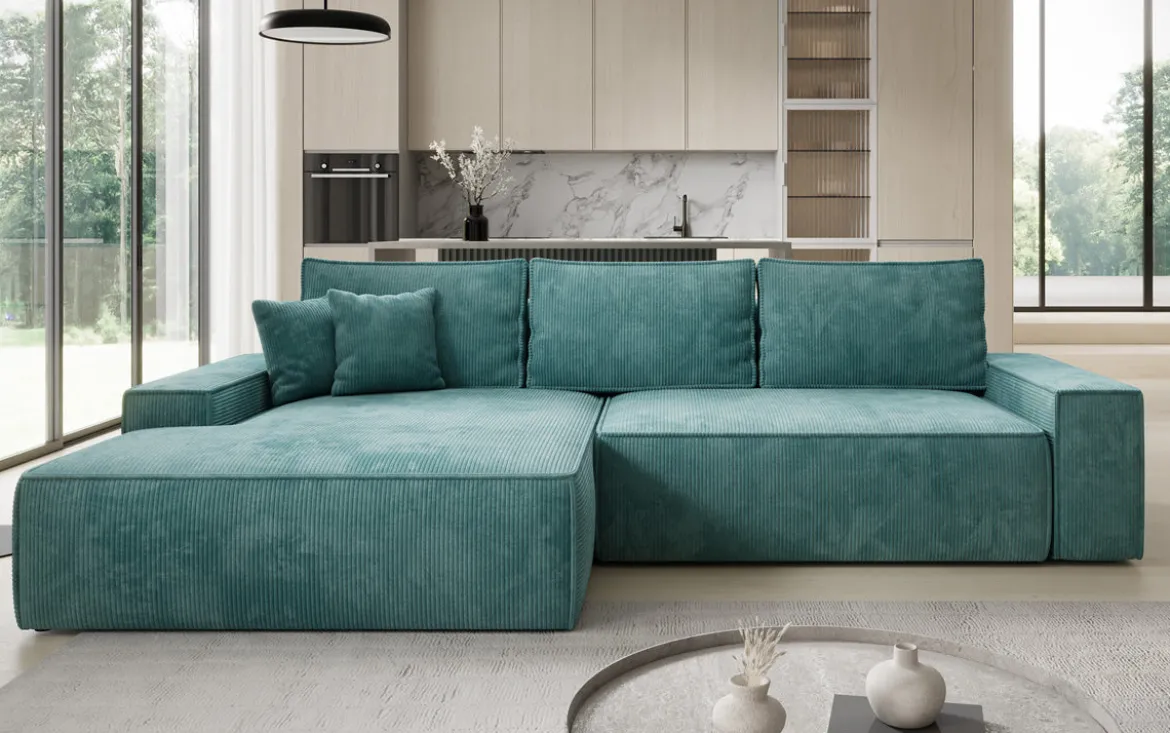 Designer Ecksofa Verona mit breiter Ottomane mit Schlaf- und Klappfunktion in Cord