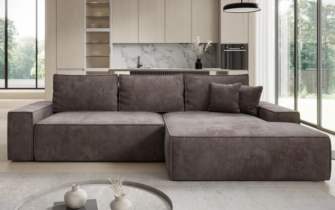 Designer Ecksofa Verona mit breiter Ottomane mit Schlaf- und Klappfunktion in Cord