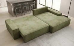 Designer Ecksofa Verona mit breiter Ottomane mit Schlaf- und Klappfunktion in Cord