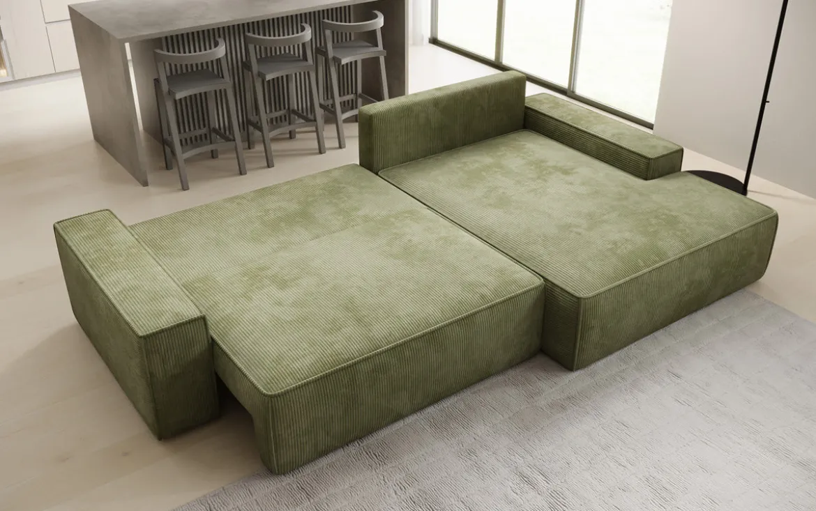 Designer Ecksofa Verona mit breiter Ottomane mit Schlaf- und Klappfunktion in Cord