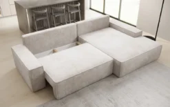 Designer Ecksofa Verona mit breiter Ottomane mit Schlaf- und Klappfunktion in Cord