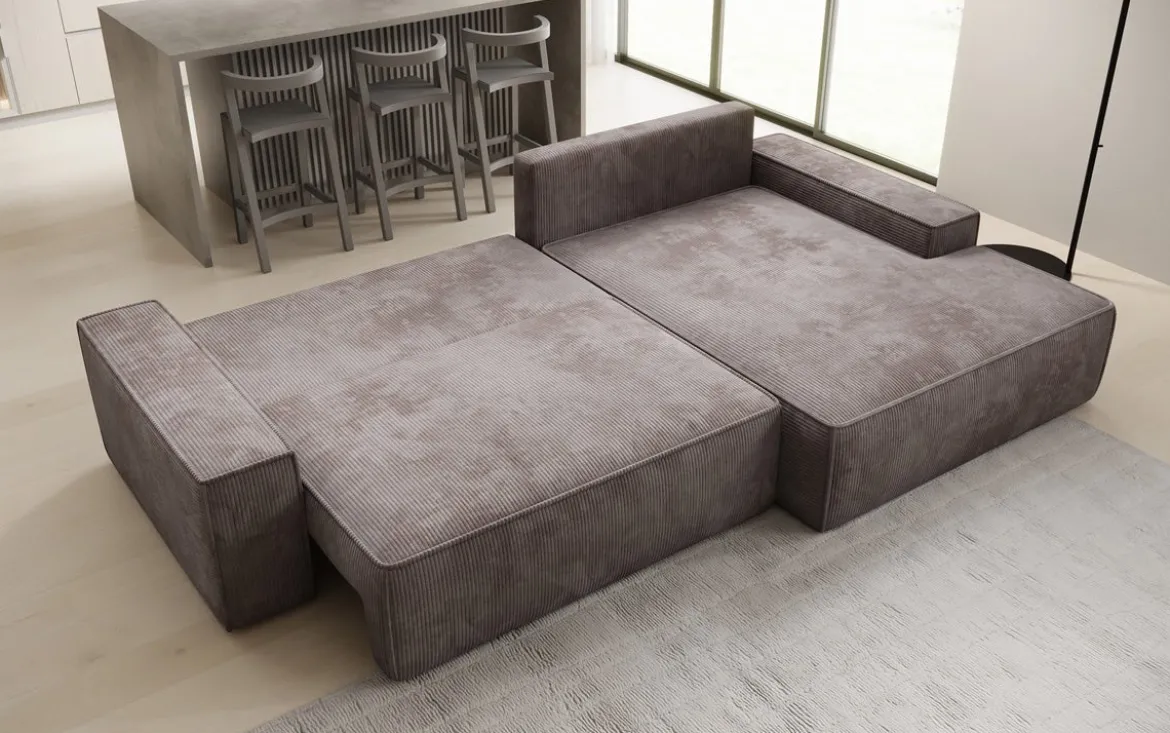 Designer Ecksofa Verona mit breiter Ottomane mit Schlaf- und Klappfunktion in Cord