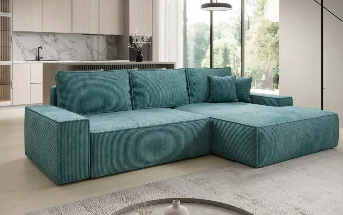 Designer Ecksofa Verona mit breiter Ottomane mit Schlaf- und Klappfunktion in Cord