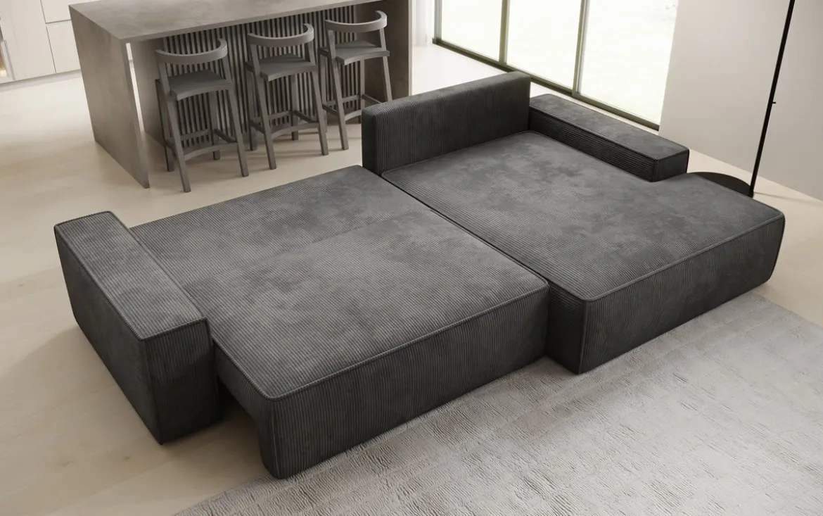 Designer Ecksofa Verona mit breiter Ottomane mit Schlaf- und Klappfunktion in Cord