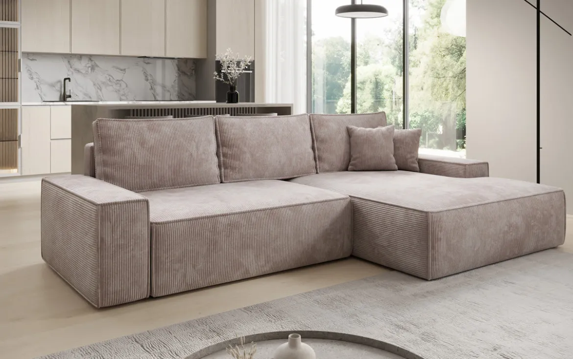 Designer Ecksofa Verona mit breiter Ottomane mit Schlaf- und Klappfunktion in Cord