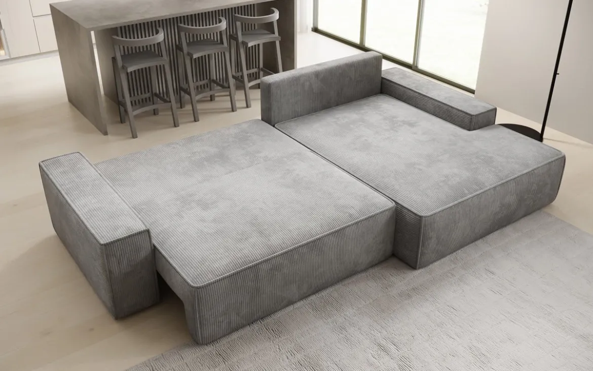 Designer Ecksofa Verona mit breiter Ottomane mit Schlaf- und Klappfunktion in Cord