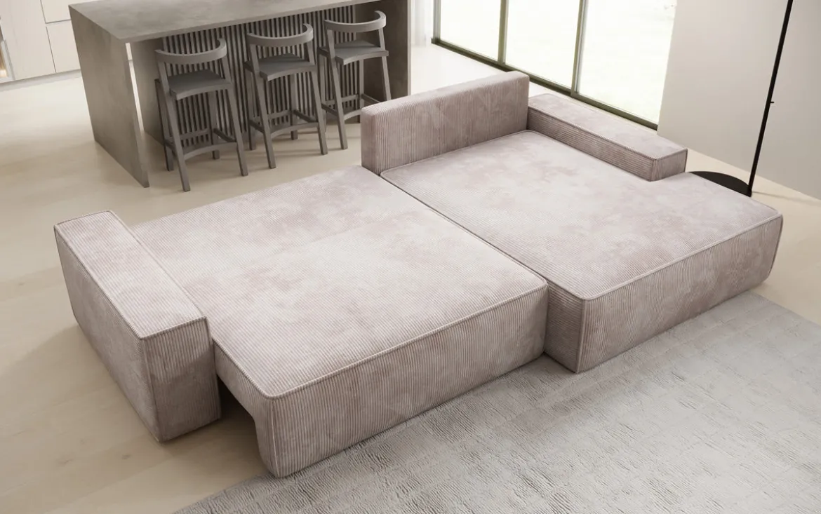 Designer Ecksofa Verona mit breiter Ottomane mit Schlaf- und Klappfunktion in Cord