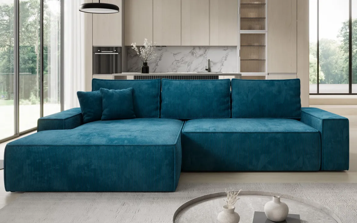 Designer Ecksofa Verona mit breiter Ottomane mit Schlaf- und Klappfunktion in Cord
