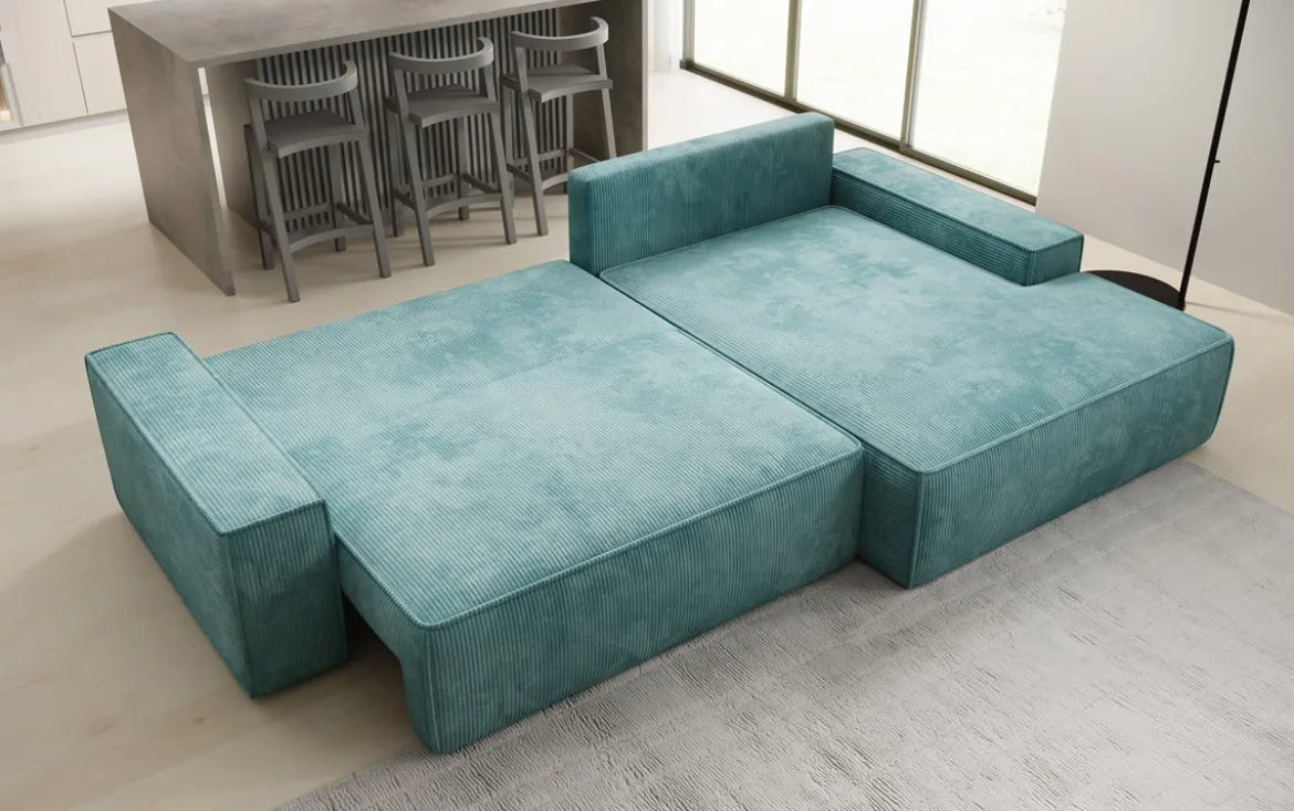 Designer Ecksofa Verona mit breiter Ottomane mit Schlaf- und Klappfunktion in Cord