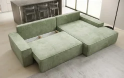 Designer Ecksofa Verona mit breiter Ottomane mit Schlaf- und Klappfunktion in Cord