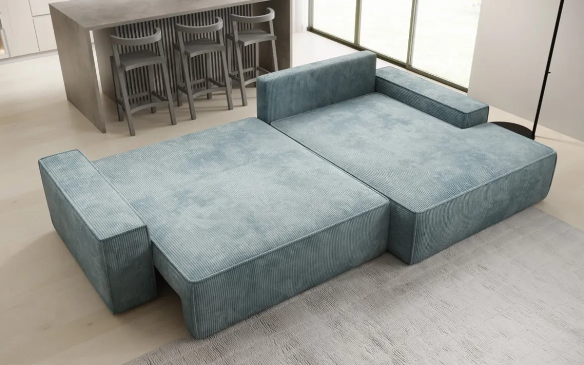Designer Ecksofa Verona mit breiter Ottomane mit Schlaf- und Klappfunktion in Cord
