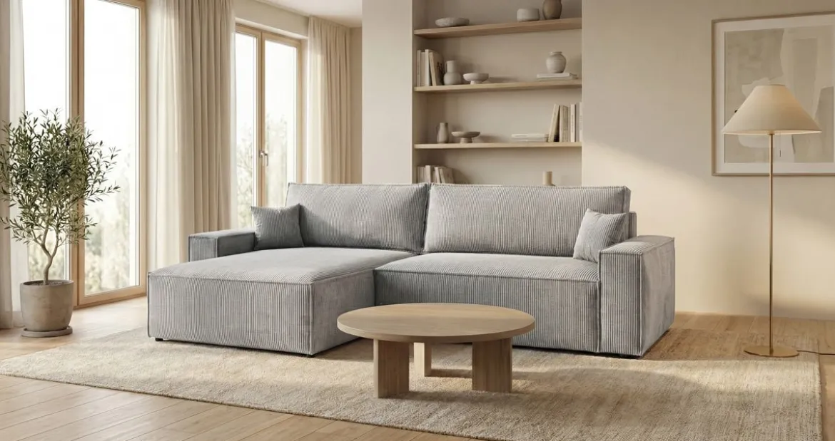 Designer Ecksofa Vienna mit Schlaf- und Klappfunktion in Cord