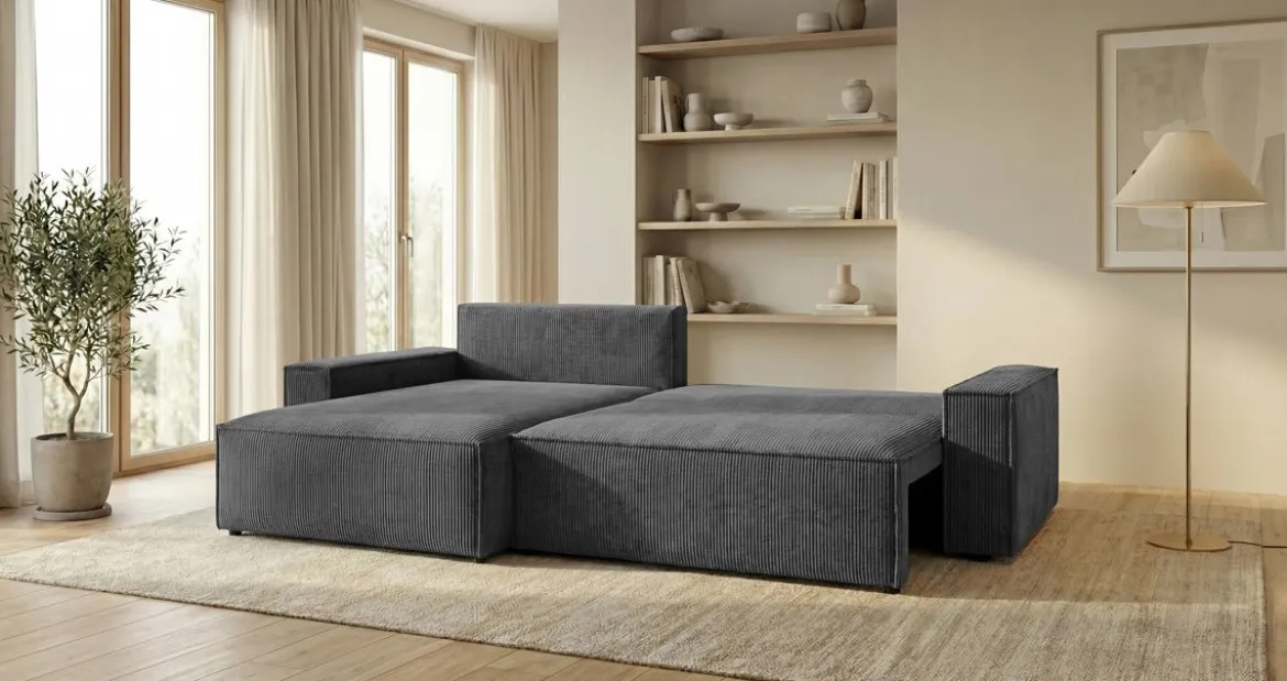 Designer Ecksofa Vienna mit Schlaf- und Klappfunktion in Cord