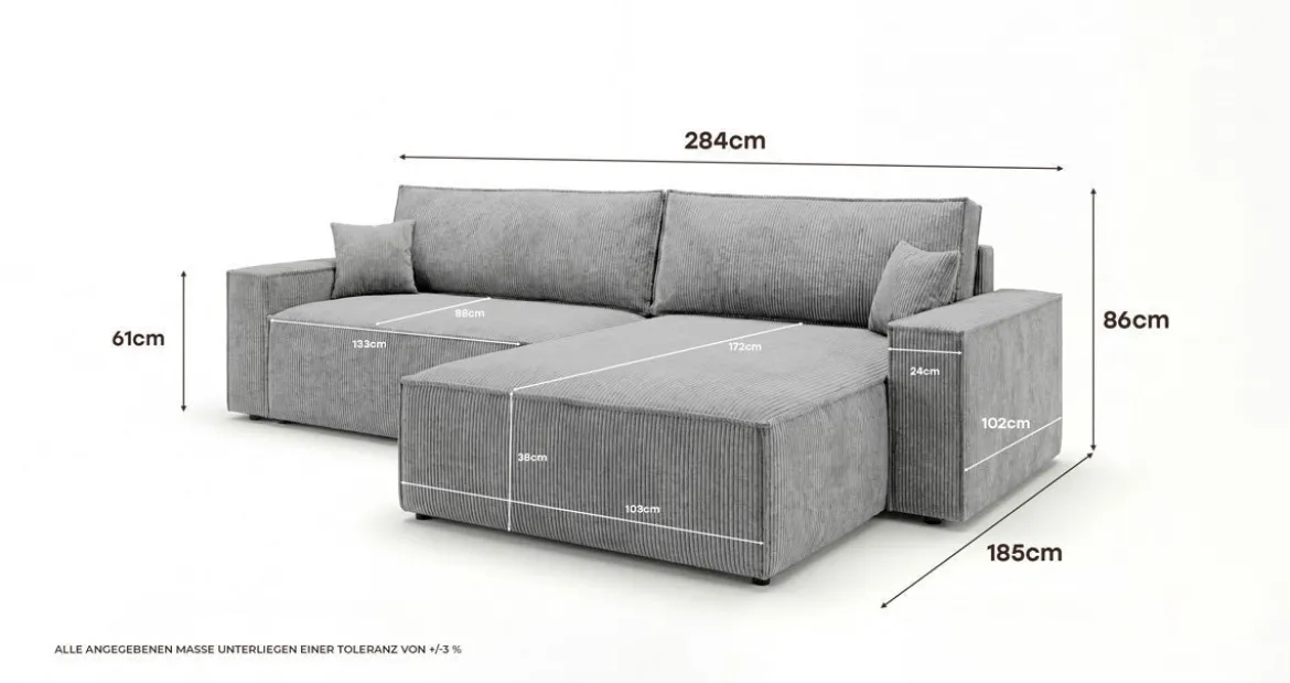 Designer Ecksofa Vienna mit Schlaf- und Klappfunktion in Cord