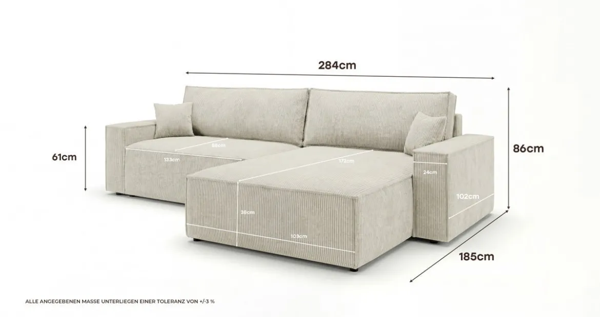 Designer Ecksofa Vienna mit Schlaf- und Klappfunktion in Cord