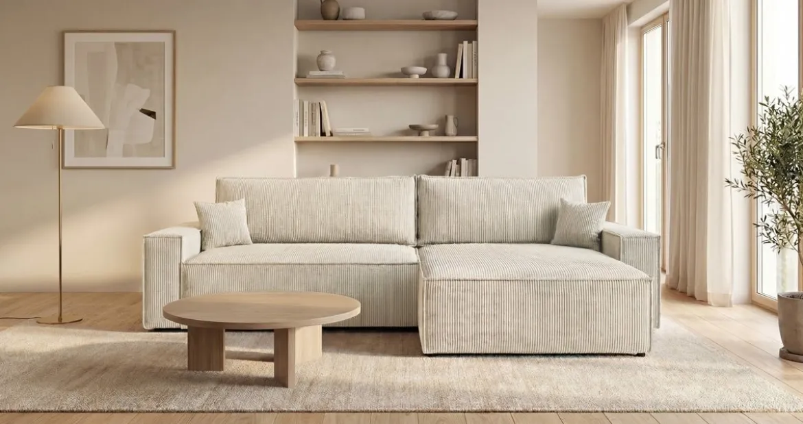 Designer Ecksofa Vienna mit Schlaf- und Klappfunktion in Cord