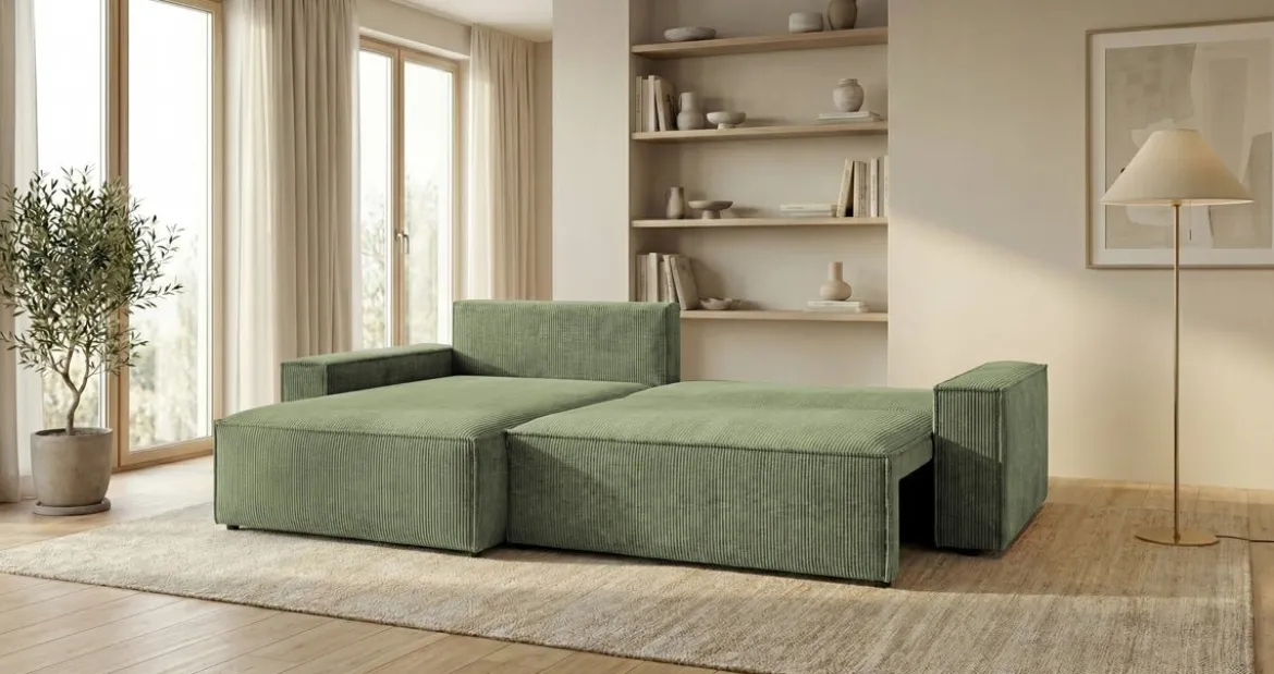 Designer Ecksofa Vienna mit Schlaf- und Klappfunktion in Cord