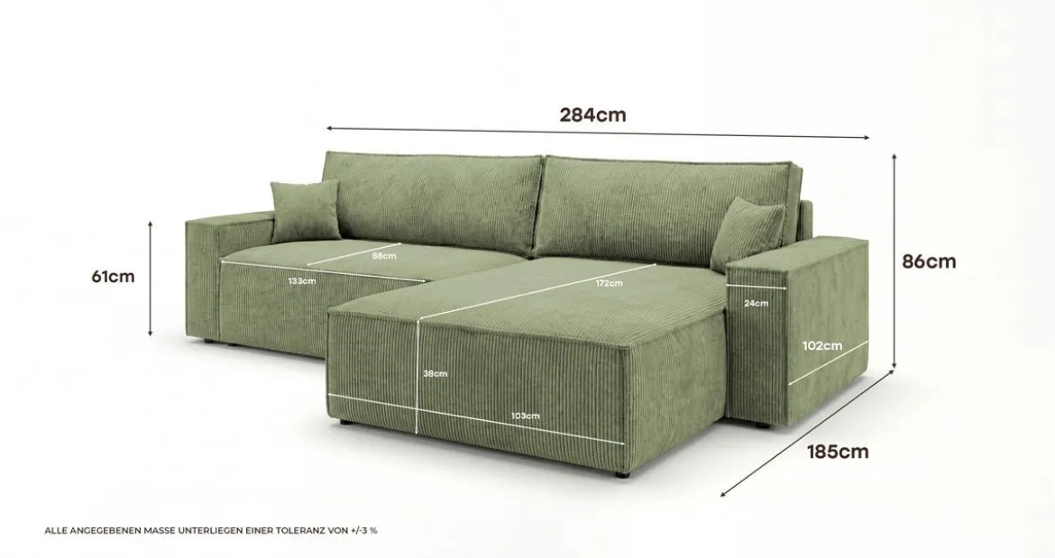 Designer Ecksofa Vienna mit Schlaf- und Klappfunktion in Cord