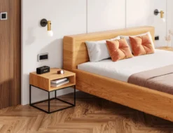 Designer Holzbett Arvelo aus massiver Eiche in Schwebeoptik und geraden Headboard