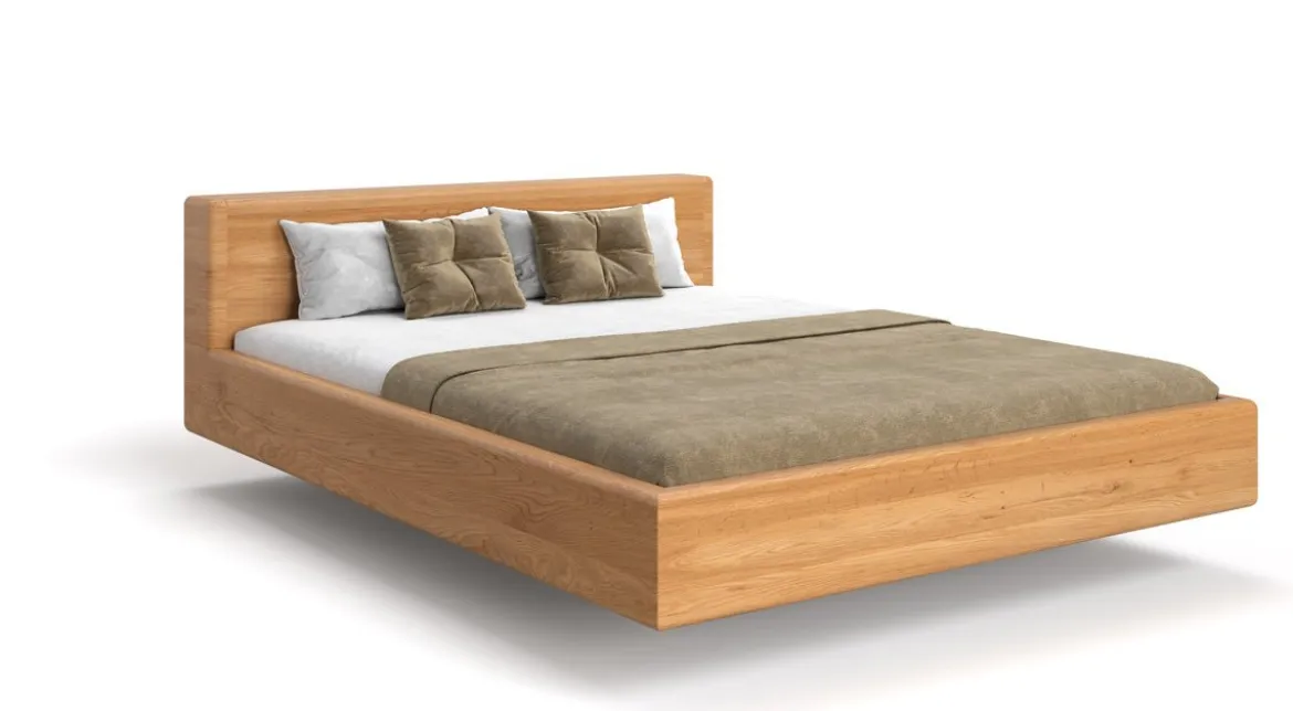 Designer Holzbett Arvelo aus massiver Eiche in Schwebeoptik und geraden Headboard