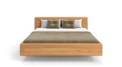 Designer Holzbett Arvelo aus massiver Eiche in Schwebeoptik und geraden Headboard