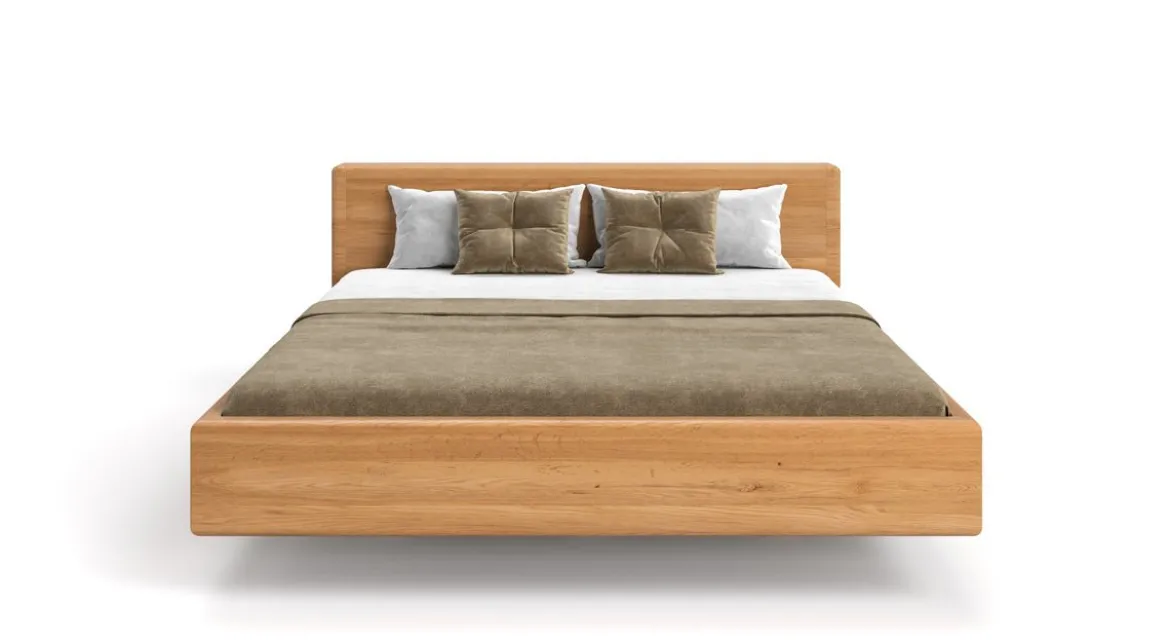 Designer Holzbett Arvelo aus massiver Eiche in Schwebeoptik und geraden Headboard