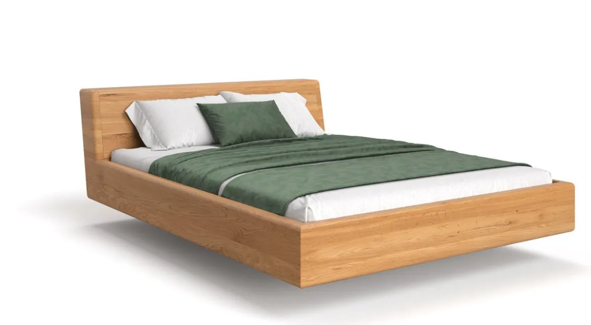 Designer Holzbett Arvelo aus massiver Eiche in Schwebeoptik und geneigtem Headboard